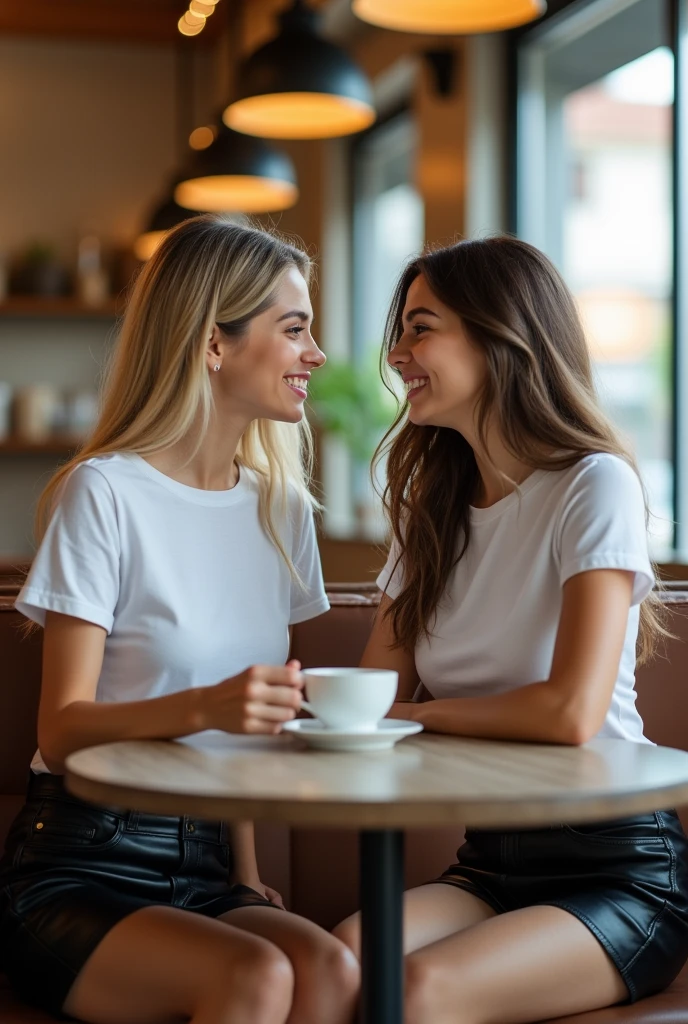 ultra realistic, photography, two girls: one with long blonde hair, (2, hourglass figure, perfect body, natural medium breasts), the other one: long brown hair, (30 years old, hourglass figure, perfect fit body, natural big breasts). white t-shirts. black leather skirts, smiling, sitting with a coffee on the table, looking at the camera