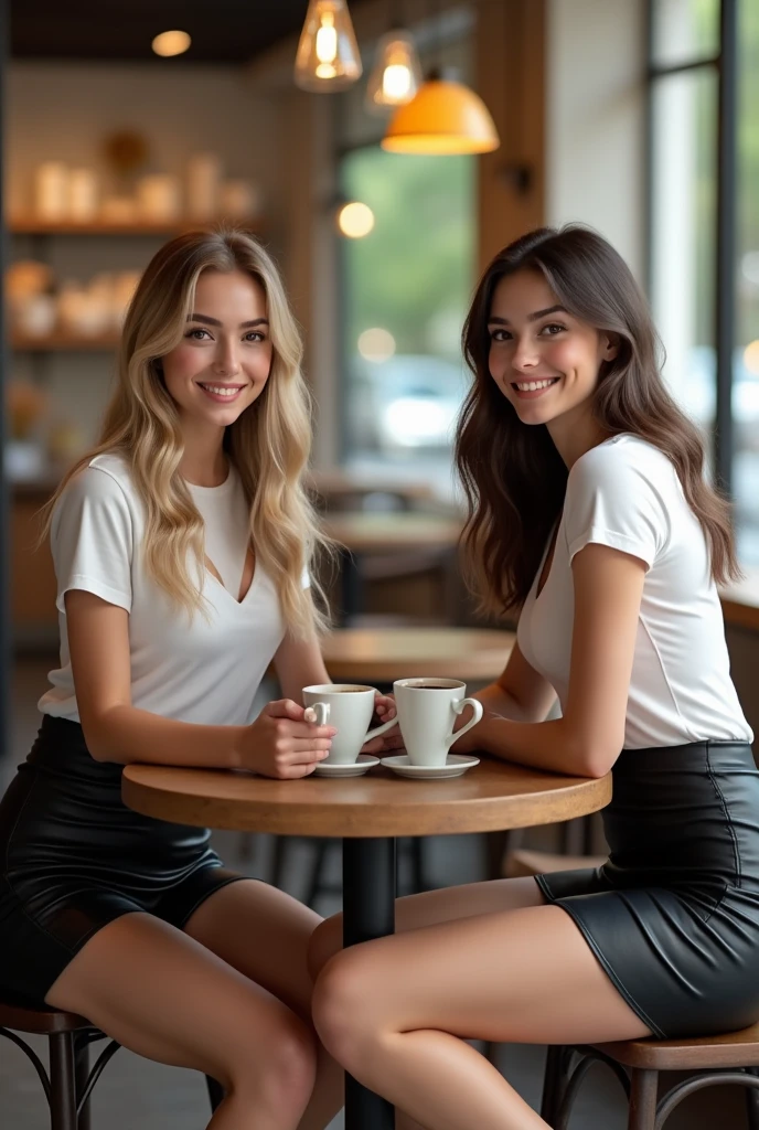 ultra realistic, photography, two girls: one with long blonde hair, (2, hourglass figure, perfect body, natural medium breasts), the other one: long brown hair, (30 years old, hourglass figure, perfect fit body, natural big breasts). white t-shirts. black leather skirts, smiling, sitting with a coffee on the table, looking at the camera