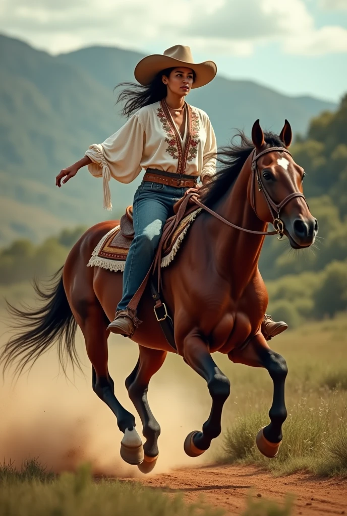 Brazilian woman wearing men&#39;s gaucho bombachas doing a horse riding on a wild Creole horse that jumps 