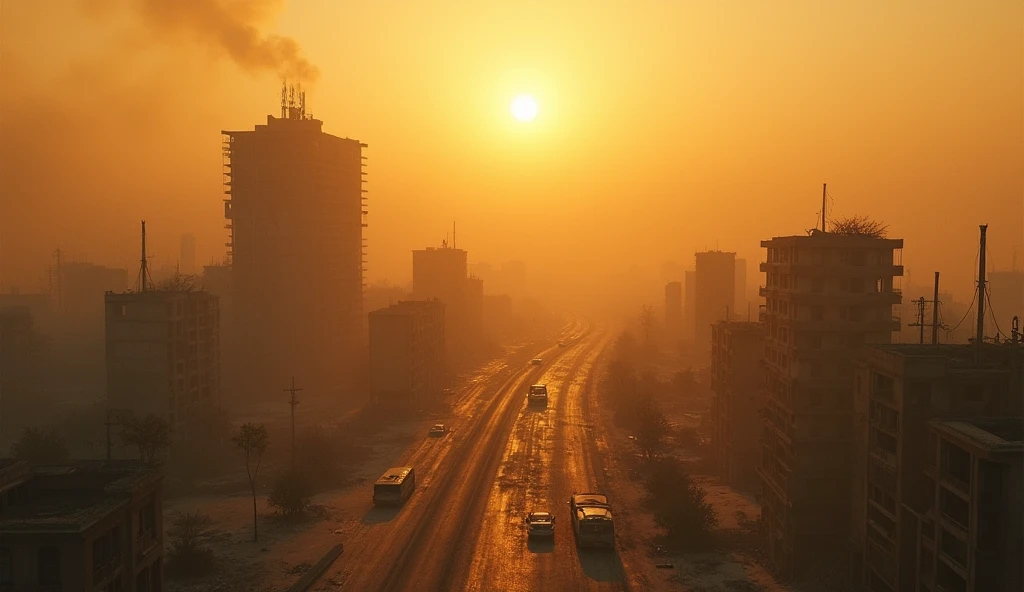 A striking aerial view of a post-apocalyptic cityscape, desaturated and low contrast, with a cinematic feel. The city lies in ruins after a nuclear blast, with crumbling buildings and abandoned vehicles scattered throughout. A few trees stand charred and broken, while a hazy, dusty atmosphere shrouds the entire scene. The sun shines strongly even amidst dust cloud, casting a golden light on the scorched earth. The overall ambiance is one of heat, drought, and desolation, as if time has frozen in the wake of the disaster., cinematic