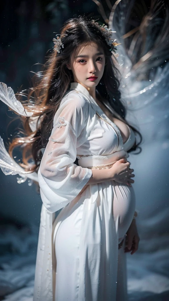 best quality,masterpiece,Ultra-high resolution,photoactual:4：0,ice crystals,snowstorm,beauty,kindly,A hot oriental woman,Crystal clear white long flowing hair,White fox ears,Big breasts,thin waist,White robe,pregnant,sideways,Above the waist,Close up