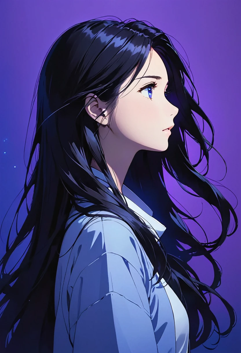 anime girl with long hair, staring off into the distance blue light and dark purple background, 1girl, solo, profile, long hair, black hair