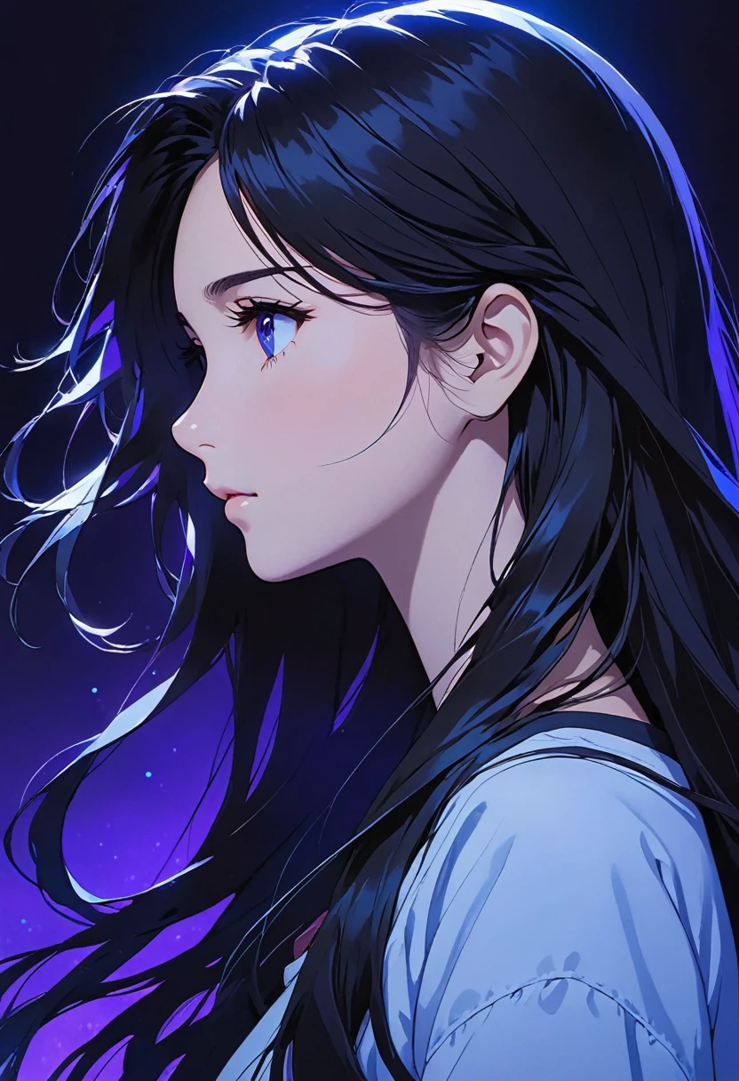 anime girl with long hair, staring off into the distance blue light and dark purple background, 1girl, solo, profile, long hair, black hair