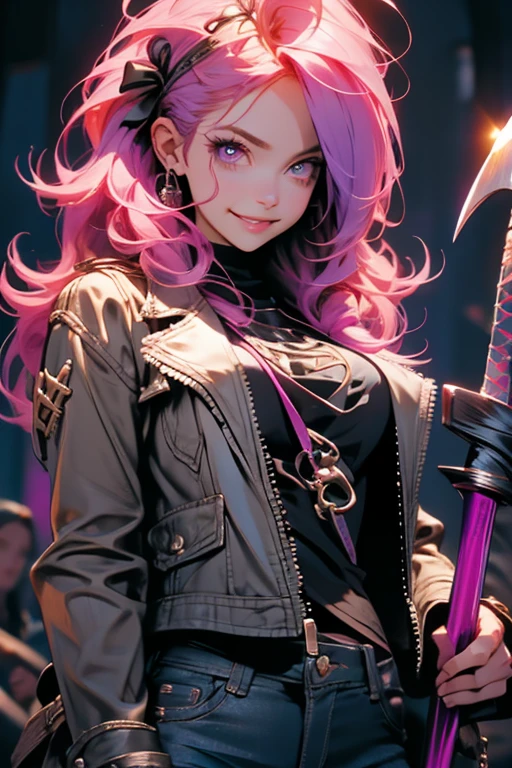 Perfect face. Perfect hands. A pink haired woman with violet eyes and an hourglass figure in a leather jacket and jeans is smiling while holding her scythe in a haunted house.