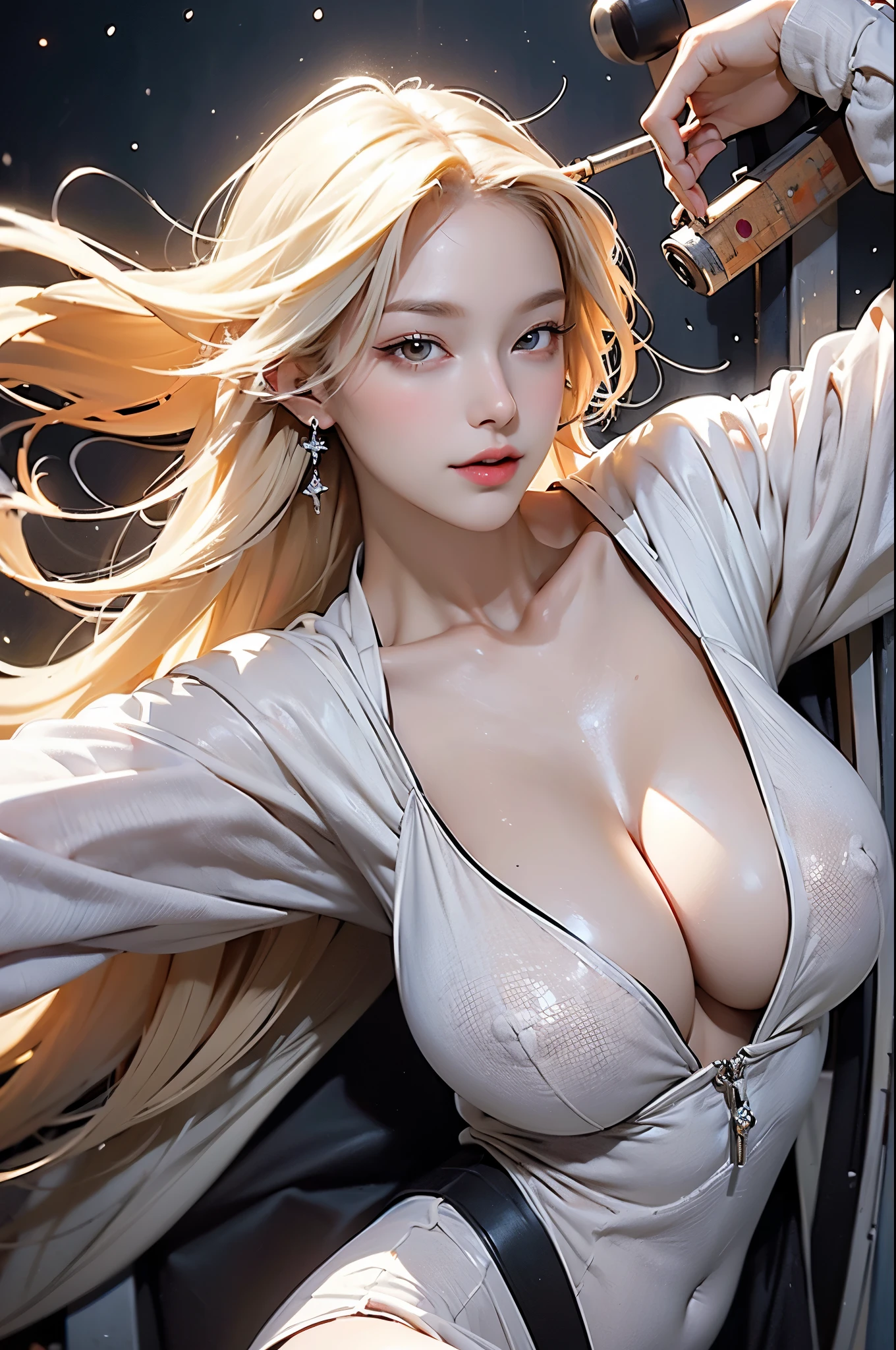 Ridiculous resolution, high resolution, (masterpiece: 1.4), Very detailed, The girl is alone, from above, space, floating, Platinum Blonde, Medium Length Hair, Red Eyes,(Huge breasts:1.2),Moist skin