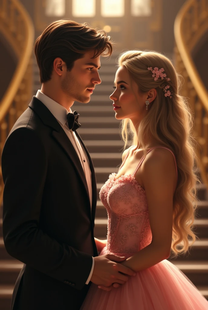 A realistic picture of a beautiful young girl of twenty years and a handsome young boy of twenty years holding hands together in a ball party infront of staircase and looking at each other. The girl has long blond straight hair and fair complexion. She is wearing a light pink ball gown. The gown has a thin strap on shoulder. She has hazel eyes. The boy is fair complexion and dark brown hair. He has brown eyes. He is wearing a black suit and has clean shaven face.