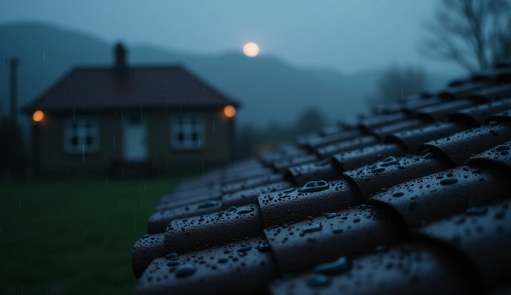 Rainy Day,Water droplets on the roof,Blurry country house roof tiles,Night view
