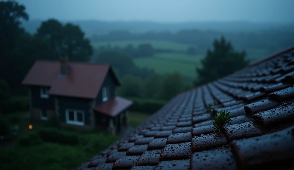 Rainy Day,Water droplets on the roof,Blurry country house roof tiles,Night view