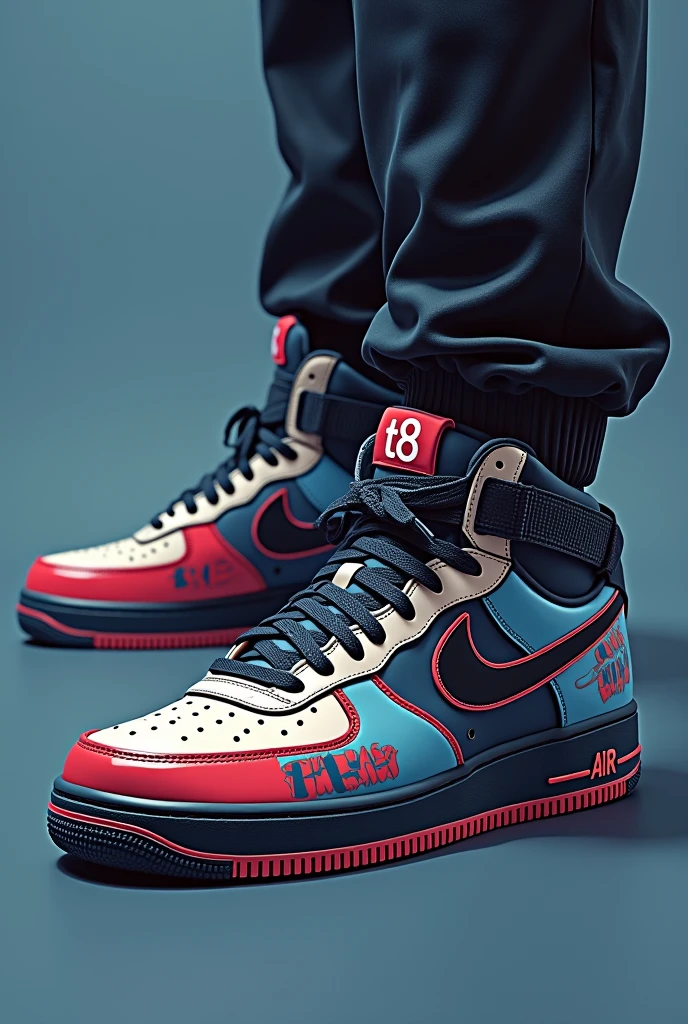 design for me an air force 1 shoe. Make it a Tate mcrae ( the singer) theme from the video run for the hills on youtube design colored by dark blue, white, black and red with the text: run for the hills. I want another text: T8. Make the most beautiful shoe that ever created