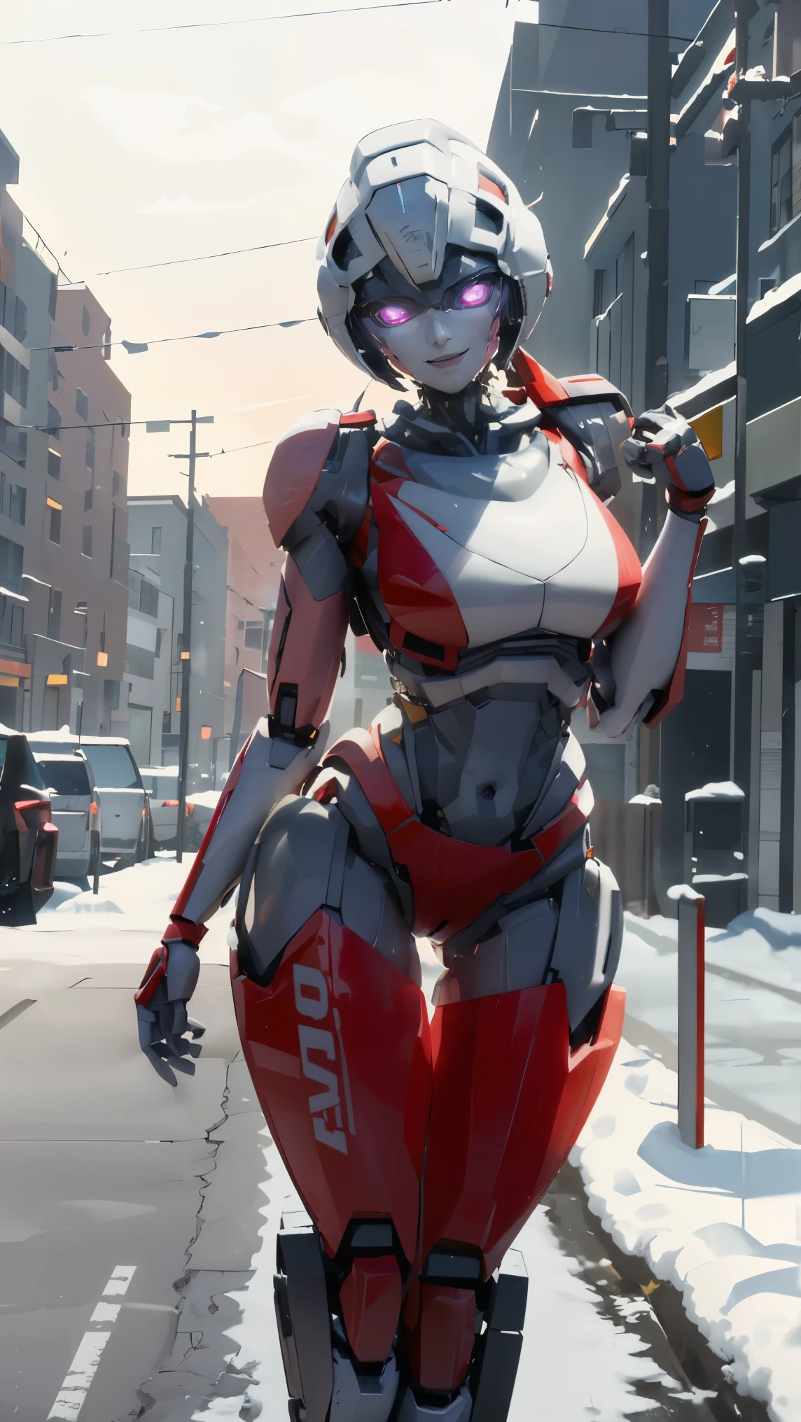 ROTB_Arcee, 1girl, medium breasts, smile, robot, (perfect figure), mecha, (glowing eyes:1.2), Christmas tree, Christmas gifts, outdoors, wide hips, navel, thick thighs, snow falling on street, ((one leg up)), ((spread pussy))