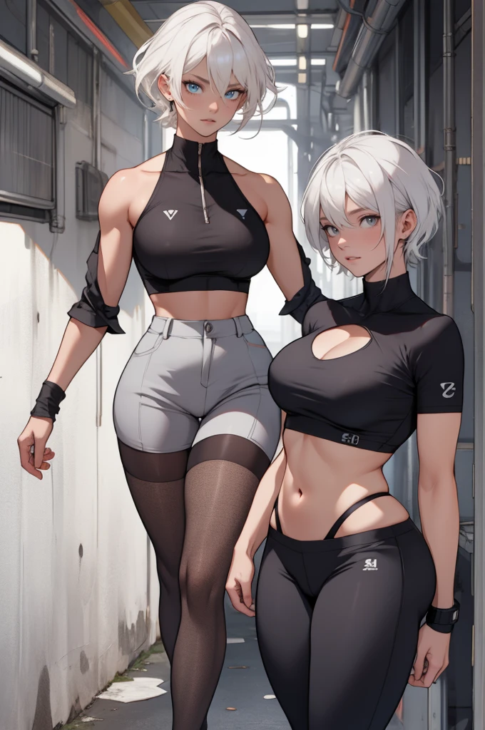 older woman 30 years old, short white hair and tall, curvy body next to her slender 20-year-old daughter, blue colored eyes, breasts big