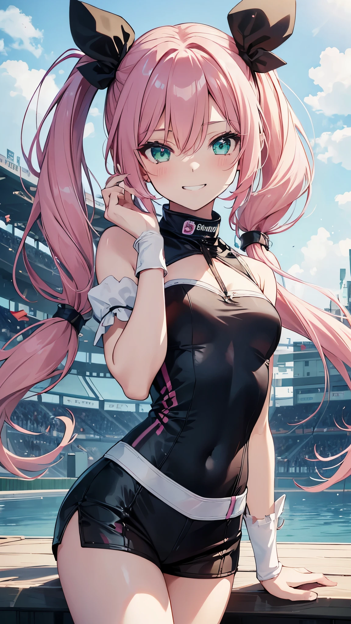 1girl,grin,top-quality,Top image quality,in 8K,4K,​masterpiece,ultra-detailliert,Beautiful、ultra-quality, best quality,high resolution, ultra-detailed,game cg,dutch angle ,beautiful detailed eyes, visualart,five fingers, perfect hands,beautiful girl,BREAK,(chibi:1.2),slender,(flat chest),long hair,pink hair,(half twintails),emerald green eyes,(Rabbit ear hair bands),(race queen,grid girl),blush,