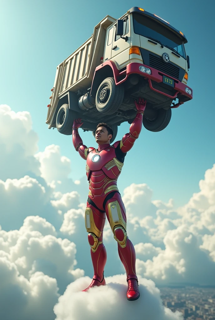 Indonesian man in IRON MAN SUIT COSTUME LIFTING A GARBAGE TRUCK AND STANDING ON THE CLOUDS AND