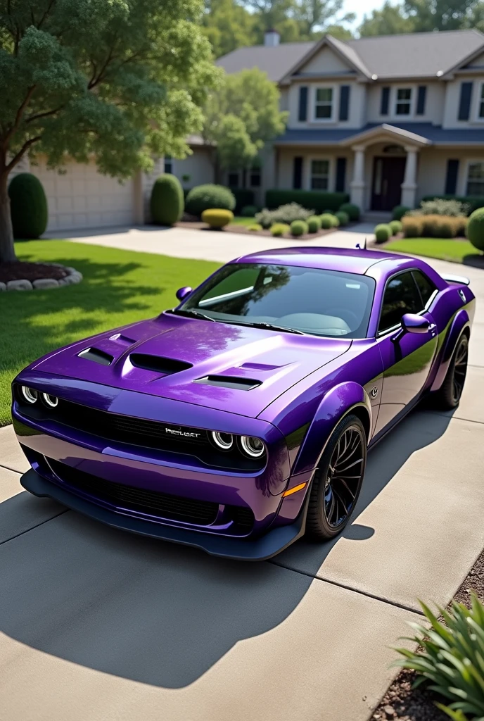 A realistic quality purple hellcat with black rims in a driveway