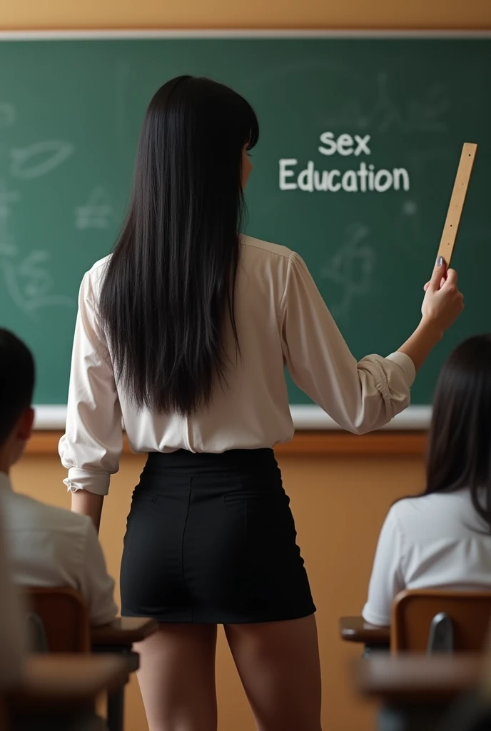 ultra realistic, photography, long black straight hair, (30 years old, hourglass figure, perfect fit body, natural big breasts), seductive look, flirty, stands in a crowded classroom at the front at the blackboard with a long wooden ruler in her hand, she is pointing at the blackboard with the ruler, "sex education" is written on the blackboard, short black skirt, unbuttoned white see-through blouse, high-detail skin, detailed eyes, from behind