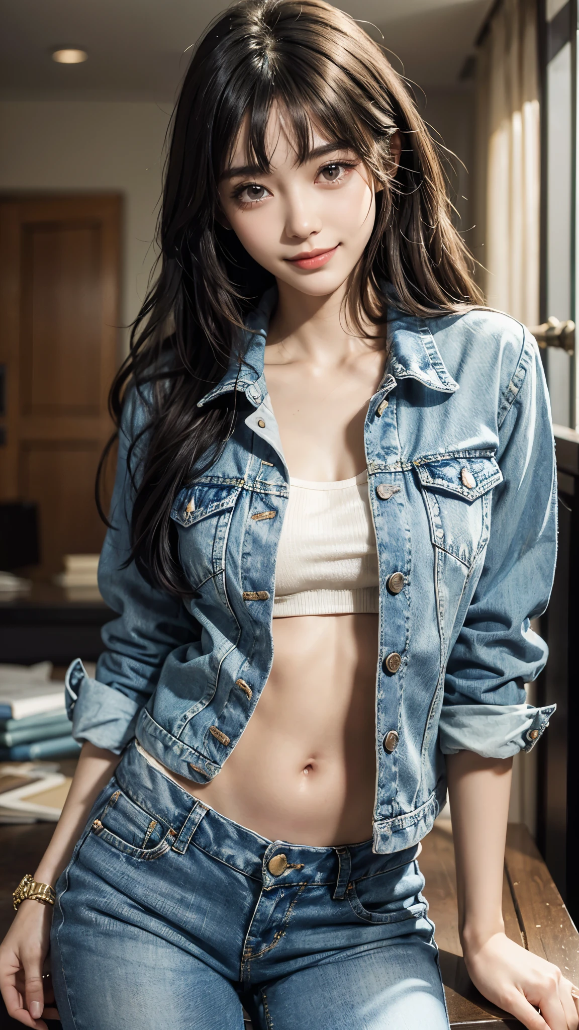 (Beautiful Woman Photo)
(Mastepiece:1.3),((Smile)),((Thin legs))Slim Body,Beautiful Japanese girl,((Smile)),Beautiful face,(Lifelike face),Beautiful delicate eyes,((Blue college jacket and slim jeans)),Realistic eyes,Beautiful skin,Realistic skin texture(Real Skin)Radiant Skin,Professional Lighting,((Jet black, glossy, straight)),((Short bangs)),Mid-chest,High resolution,Sharp Focus,Ultra high definition eyes,