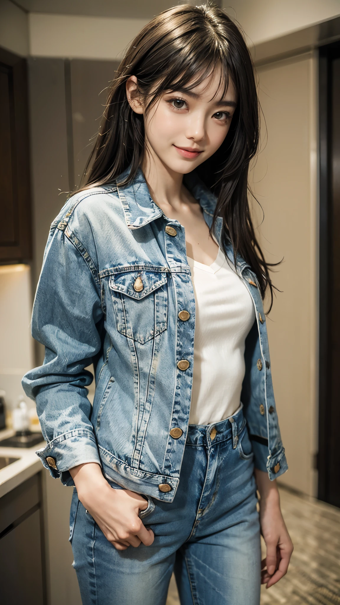 (Beautiful Woman Photo)
(Mastepiece:1.3),((Smile)),((Thin legs))Slim Body,Beautiful Japanese girl,((Smile)),Beautiful face,(Lifelike face),Beautiful delicate eyes,((Blue college jacket and slim jeans)),Realistic eyes,Beautiful skin,Realistic skin texture(Real Skin)Radiant Skin,Professional Lighting,((Jet black, glossy, straight)),((Short bangs)),Mid-chest,High resolution,Sharp Focus,Ultra high definition eyes,
