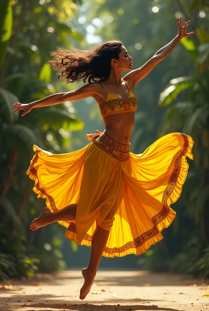 Brazilian woman wearing men's gaucho bombachas doing gymnastics