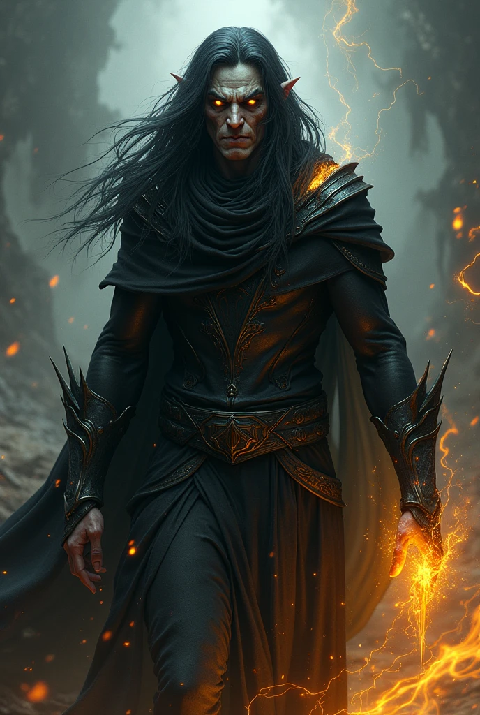 Crazy brown crazy male dark elf with glowing yellow eyes With black wavy hair With black armor With yellow burns and flames all over his body
