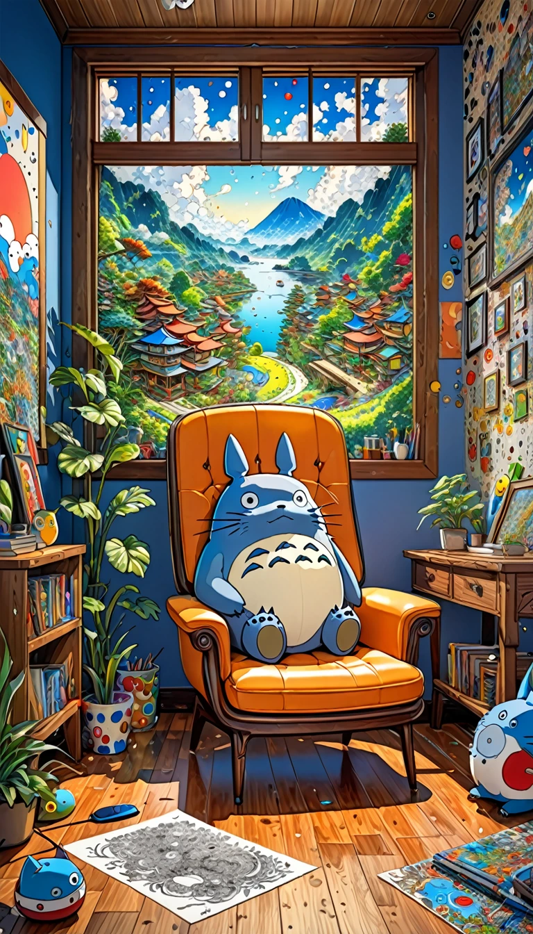 Takashi Murakami Style,(((Totoro))),study,(((Dozing off while sitting on a chair))), 8K Quality,Intense watercolor, Detailed watercolor art, Watercolor splash, Surreal, avant-garde pop art, Beautiful and expressive paintings, Beautiful artwork illustration, Very colorful tones, wonderful, Cool beauty, highest quality,Official Art, Vector art, Stylish design, ((Totoro)),(((dozing off1.9))), (((den1.9))),in the room, (((highest quality))), HDR, ((detailed)), (((Doodle Art)), ((masterpiece)), ((Super detailed)), (((Stylish))),