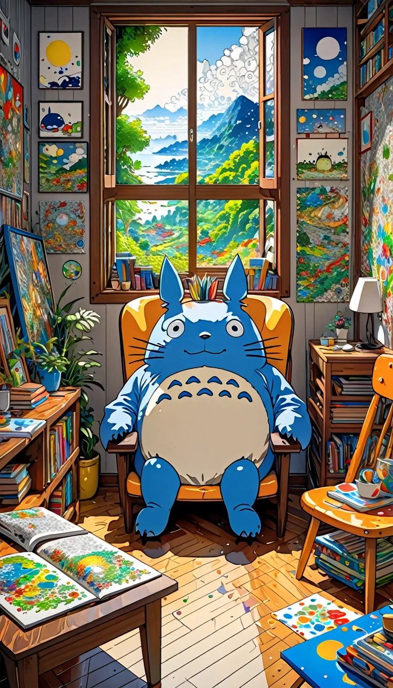 Takashi Murakami Style,(((Totoro))),study,(((Dozing off while sitting on a chair))), 8K Quality,Intense watercolor, Detailed watercolor art, Watercolor splash, Surreal, avant-garde pop art, Beautiful and expressive paintings, Beautiful artwork illustration, Very colorful tones, wonderful, Cool beauty, highest quality,Official Art, Vector art, Stylish design, ((Totoro)),(((dozing off1.9))), (((den1.9))),in the room, (((highest quality))), HDR, ((detailed)), (((Doodle Art)), ((masterpiece)), ((Super detailed)), (((Stylish))),