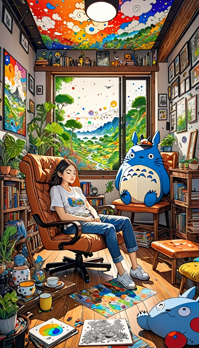 Takashi Murakami Style,(((Totoro))),study,(((Dozing off while sitting on a chair))), 8K Quality,Intense watercolor, Detailed watercolor art, Watercolor splash, Surreal, avant-garde pop art, Beautiful and expressive paintings, Beautiful artwork illustration, Very colorful tones, wonderful, Cool beauty, highest quality,Official Art, Vector art, Stylish design, ((Totoro)),(((dozing off1.9))), (((den1.9))),in the room, (((highest quality))), HDR, ((detailed)), (((Doodle Art)), ((masterpiece)), ((Super detailed)), (((Stylish))),