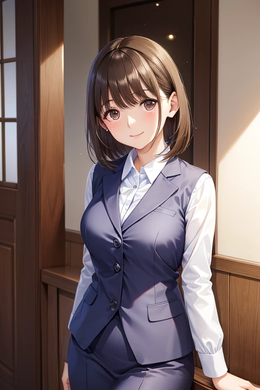 anegasaki nene、Shiny brown hair, short hair, (Beautiful brown eyes、Sparkling eyes, Fine grain)、smile、Ultra-detailed eyes、Very detailedな顔, Very detailedな目,Cowboy Shot、
(Highest quality,High resolution,Very detailed),1 person, Beautiful and elegant eyes, Brown Hair, smile,
, Wearing a suit, Mature Woman, Age 25,残酷なsmile, Calm and Calm, Slim figure, Pale complexion, thin, Calm, secretary