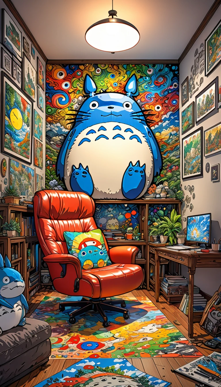 Takashi Murakami Style,(((Totoro))),study,(((Dozing off while sitting on a chair))), 8K Quality,Intense watercolor, Detailed watercolor art, Watercolor splash, Surreal, avant-garde pop art, Beautiful and expressive paintings, Beautiful artwork illustration, Very colorful tones, wonderful, Cool beauty, highest quality,Official Art, Vector art, Stylish design, ((Totoro)),(((dozing off1.9))), (((den1.9))),in the room, (((highest quality))), HDR, ((detailed)), (((Doodle Art)), ((masterpiece)), ((Super detailed)), (((Stylish))), 