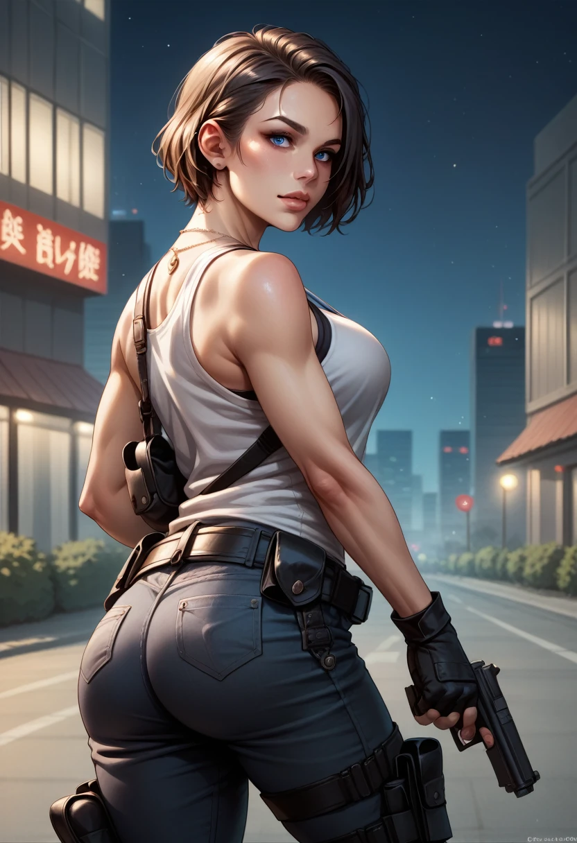 score_9, score_8_up, score_7_up, BREAK, score_9, jillvalentineSDXL, short hair, chestnut hair, blue eyes, gloves, jewelry, black gloves, belt, pants, fingerless gloves, necklace, lips, gun, tank top, holster, thigh holster, cowboy shot, ass, from behind, night, city