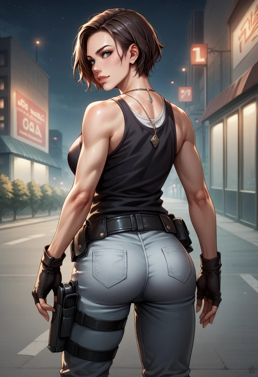 score_9, score_8_up, score_7_up, BREAK, score_9, jillvalentineSDXL, short hair, chestnut hair, blue eyes, gloves, jewelry, black gloves, belt, pants, fingerless gloves, necklace, lips, gun, tank top, holster, thigh holster, cowboy shot, ass, from behind, night, city