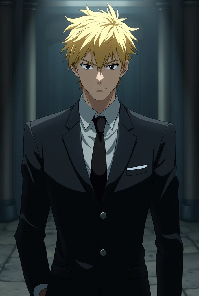 A serious anime character, imposing and with evil tendencies, blond with his hair well combed, eyes black, born in 2002, likes to dress very well