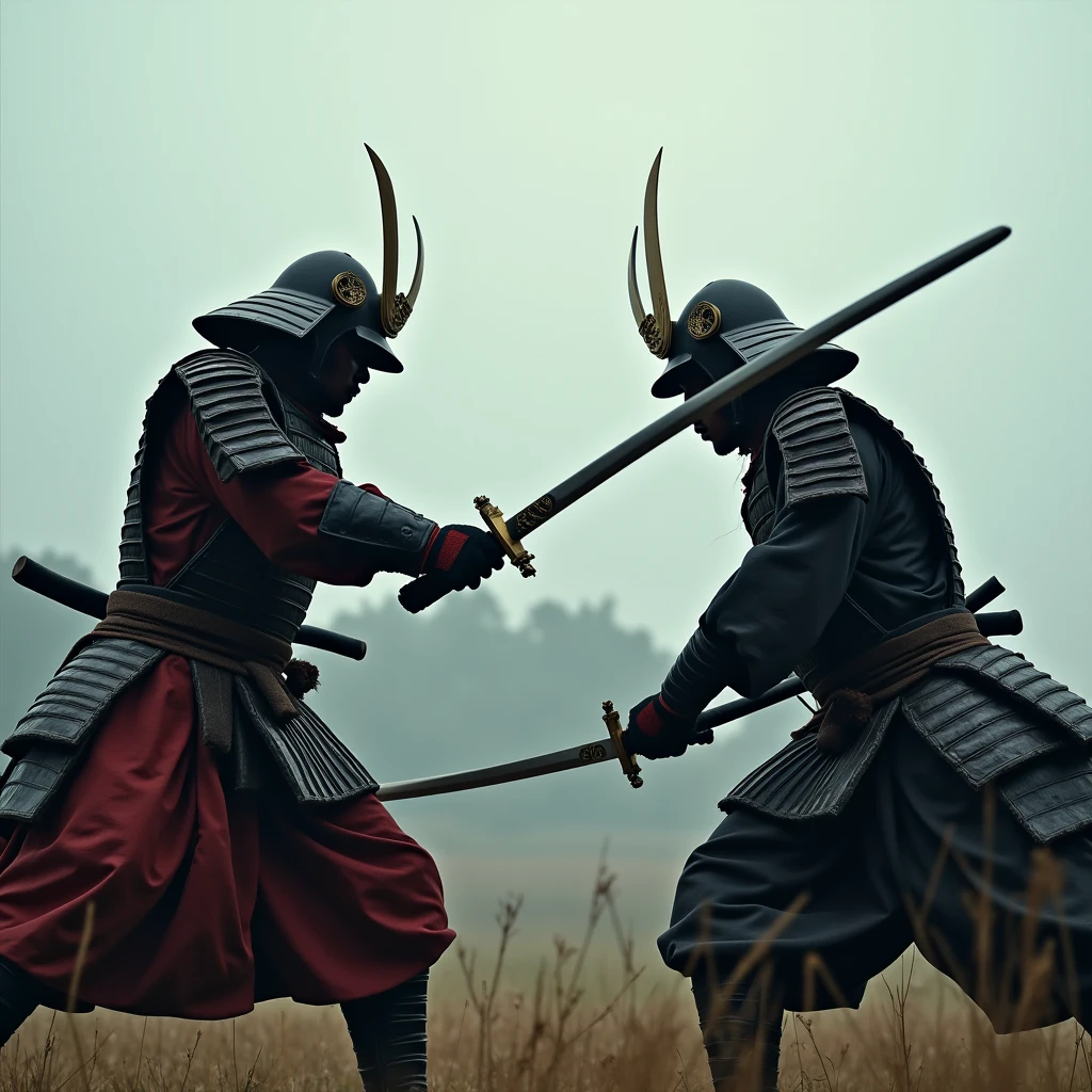 Two Japanese Samurai\(Beautiful armor, beautiful japanese swords,Samurai Mask\) In single combat,In a cloudy battlefield, Dynamic camera work,Dynamic mode,Dynamic work,Dynamic work movie,Motion blur,close to combat,bloody