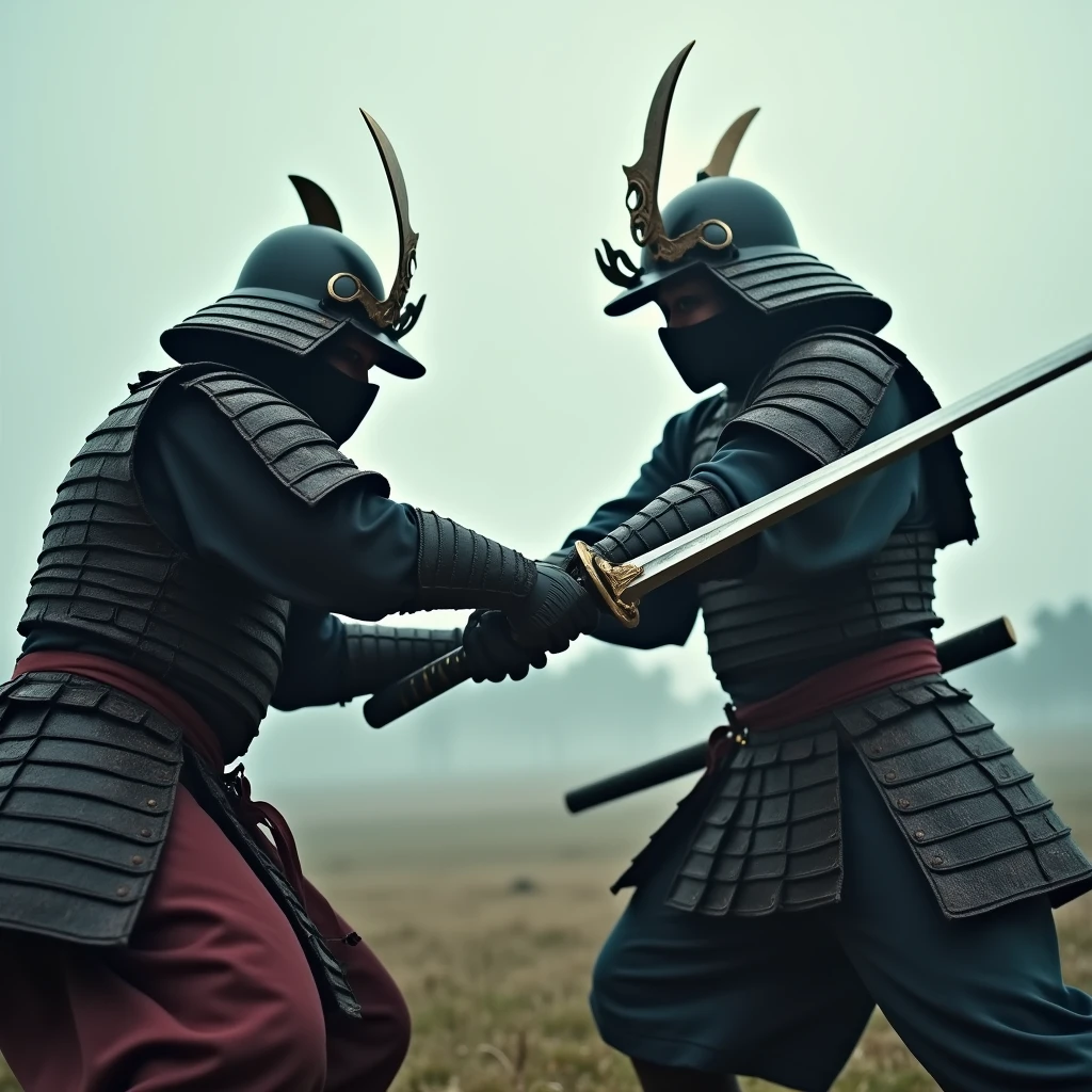 Two Japanese Samurai\(Beautiful armor, beautiful japanese swords,Samurai Mask\) In single combat,In a cloudy battlefield, Dynamic camera work,Dynamic mode,Dynamic work,Dynamic work movie,Motion blur,close to combat,bloody