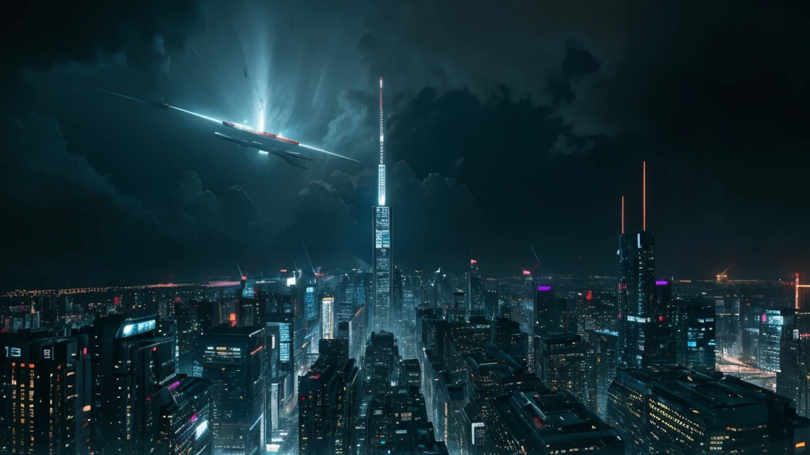 A realistic image of a futuristic city seen from the terrace of a skyscraper, inspired by the movie "Blade Runner". It is raining and the scene has a 16:9 aspect ratio.