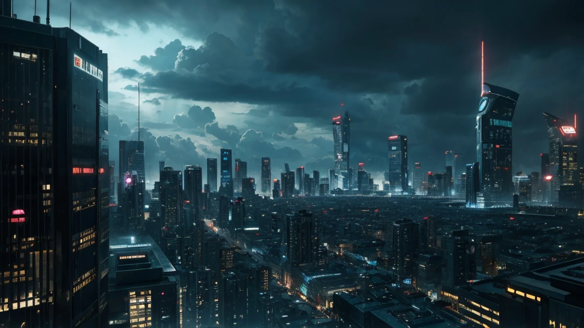 A realistic image of a futuristic city seen from the terrace of a skyscraper, inspired by the movie "Blade Runner". It is raining and the scene has a 16:9 aspect ratio.