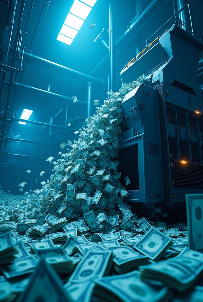 Blue factory shredder spewing out money