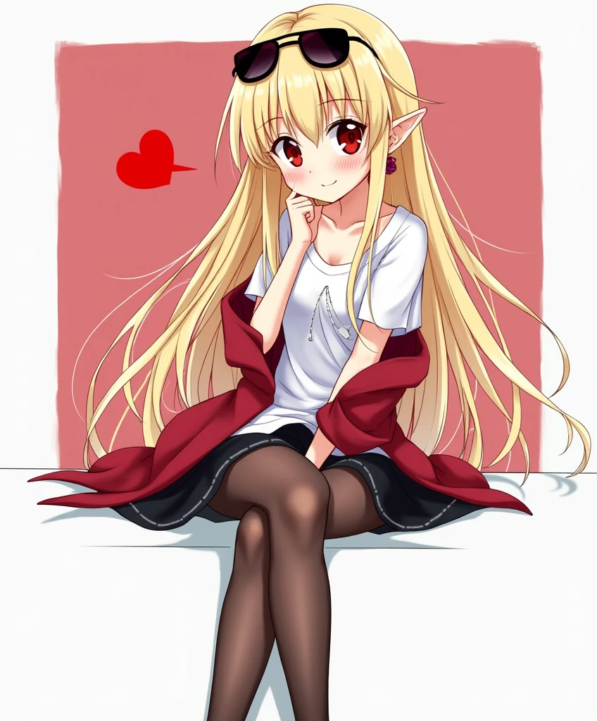 best quality, masterpiece, high resolution, alone, {flandre_scarlet_touhou:1.15}, long blonde hair with red streaks at the tips, big red eyes, small elf ear and a ruby colored earring in her left ear, bangs with a red streak in the middle, sunglasses on her head, one side up, flirtatious smile, blush, smile, white headdress, a light white short-sleeved blouse on the upper part of the body, hair between the eyes, a red coat overlaid between her wrists, bottom a very sexy black skirt, thick thighs, pronounced hips, the girl is slim, blushing cheeks, long straight hair, white skinned girl, 1 girl, looking at the viewer smiling flirtatiously, sexy black skirt, light blouse, short sleeves, simple background, the girl is sitting crossing her left leg flirtatiously, she has black nylon stockings that are a little transparent that reach her knee, white background, white shirt, ruffles, long hair, cleavageless shirt, super tiny girl, un globo de texto con un corazón rojo, the girl has not hat, super tiny tits girl.