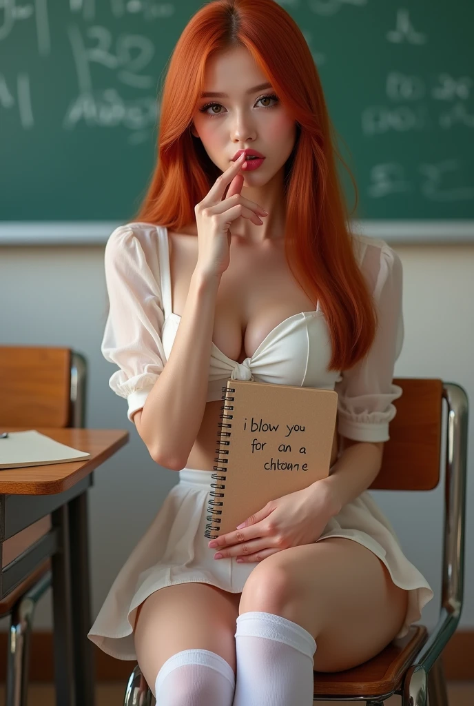 ultra realistic, photography, long straight red hair, (2, hourglass figure, perfect body, natural ), 20 inch platform high heels, Flirty look, Long eye lashes, Pink lipstick, blur background, wearing a school girl outfit ( with , short , white opaque thigh sock and tie,), sitting in classroom, sitting on a chair behind her desk, looking sedcutively, playing with a strand of her hair, she has her legs crossed, she shows the camera a notebook with the text "I Blow You for an A" written on it, she puts one finger in front of her lips, perfect stunning picture, best quality, 8k, full body picture.