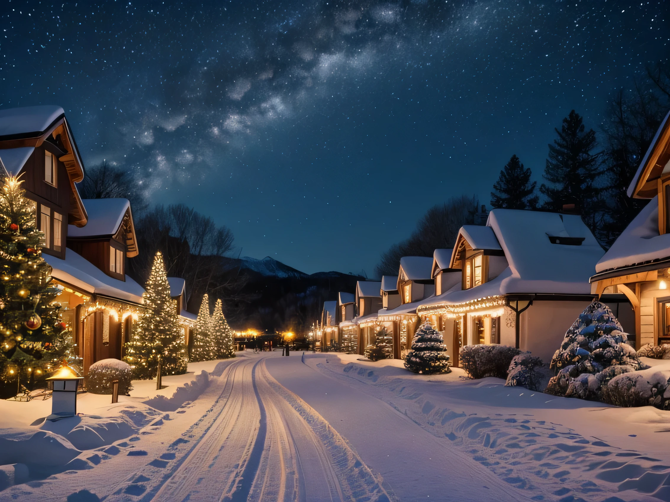 a beautiful christmas village in the winter, cozy,glowing lights,peaceful and cheerful, (best quality,4k,8k,highres,masterpiece:1.2),ultra-detailed,(realistic,photorealistic,photo-realistic:1.37),landscape,winter,snow,christmas,warm lighting,festive,cottages,trees,road,people walking,children playing,warm colors,soft focus,cinematic