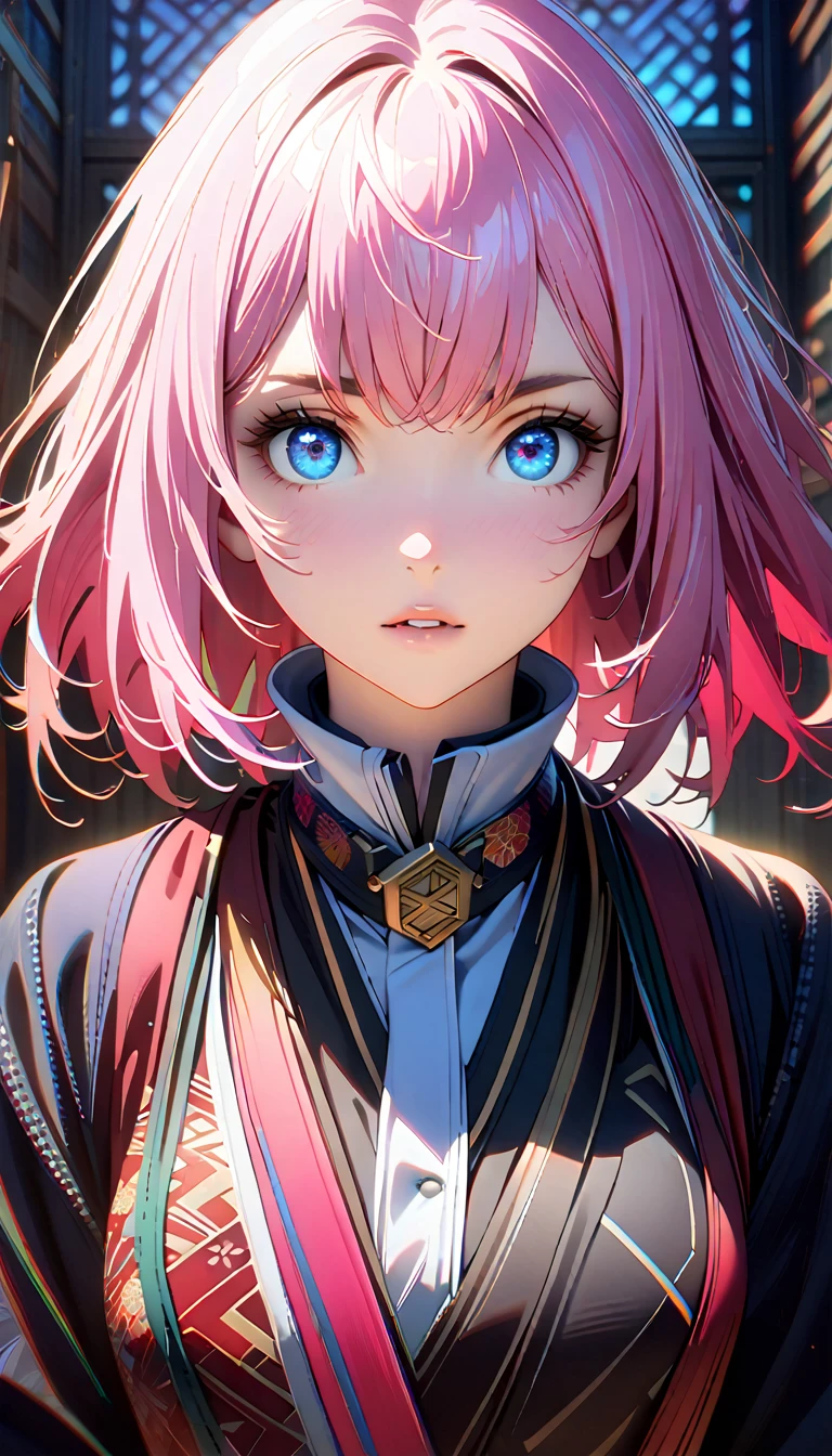 1girl,(long pink hair),(Blue eyes),(Japanese school clothe),(raise gun forward)،(masterpiece:1.5), (8k details:1.3), (unlimited details:1.2), (best eyes:1.4), (ultra clothes details:1.3), (highly detailed background), (vibrant colors), (dynamic lighting), (realistic skin texture), (intricate patterns), (sharp focus), (full-body view), (natural poses), (expressive emotions), (cinematic composition)