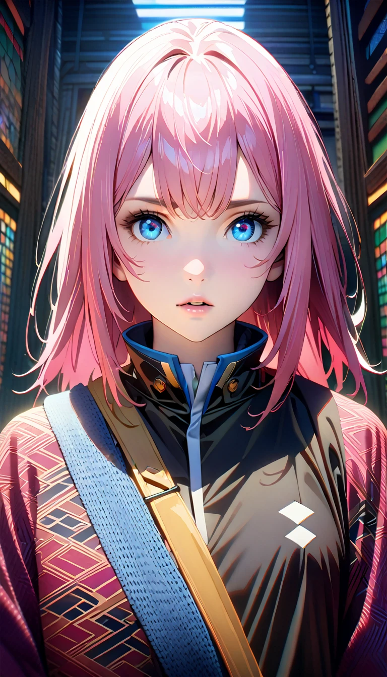 1girl,(long pink hair),(Blue eyes),(Japanese school clothe),(raise gun forward)،(masterpiece:1.5), (8k details:1.3), (unlimited details:1.2), (best eyes:1.4), (ultra clothes details:1.3), (highly detailed background), (vibrant colors), (dynamic lighting), (realistic skin texture), (intricate patterns), (sharp focus), (full-body view), (natural poses), (expressive emotions), (cinematic composition)