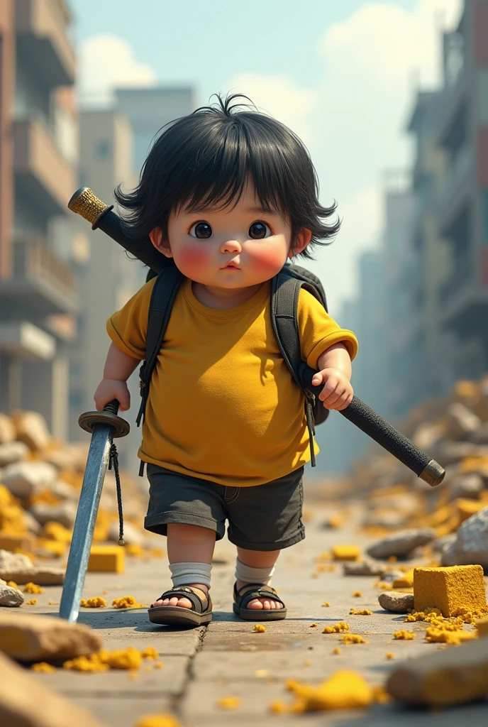 
realistic photo, a fat boy aged 5 , wearing shorts, long hair, big cheeks, carrying a samurai sword in the middle, carrying a backpack, walking on the edge of the city..size 1.2.intricate design.background lots of mustard scattered around sword cut marks...