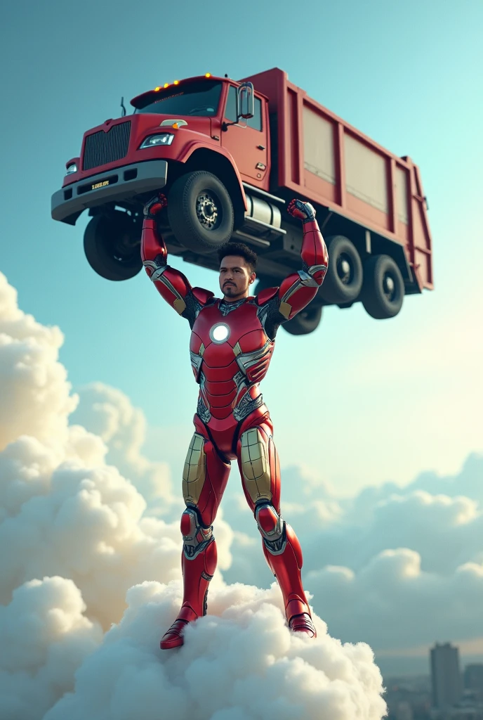 Indonesian man in IRON MAN SUIT COSTUME LIFTING A GARBAGE TRUCK AND STANDING ON THE CLOUDS AND 