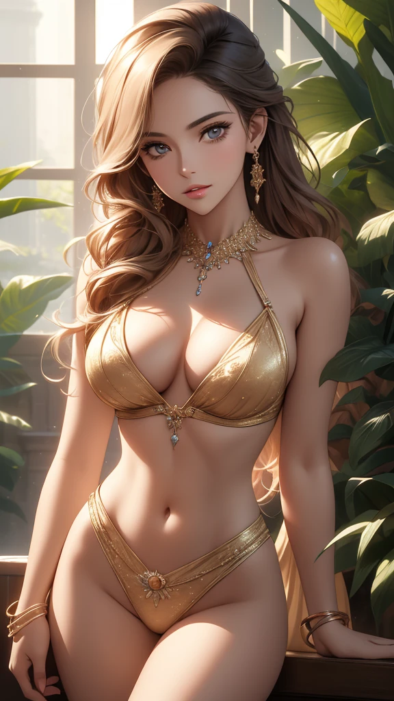 A sexy woman in a small bikini, beautiful detailed eyes, beautiful detailed lips, extremely detailed face, long eyelashes, perfectly proportioned body, athletic, slim, fit, flawless skin, golden sun-kissed skin, glowing, radiant, elaborate jewelry, expensive jewelry, elegant hairstyle, wavy hair, flowing hair, posing seductively, coy expression, sensual, alluring, portrait, cinematic lighting, soft natural lighting, warm color tones, golden hour lighting, dramatic shadows, photorealistic, 8k, hyper detailed, intricate details, highly realistic, masterpiece