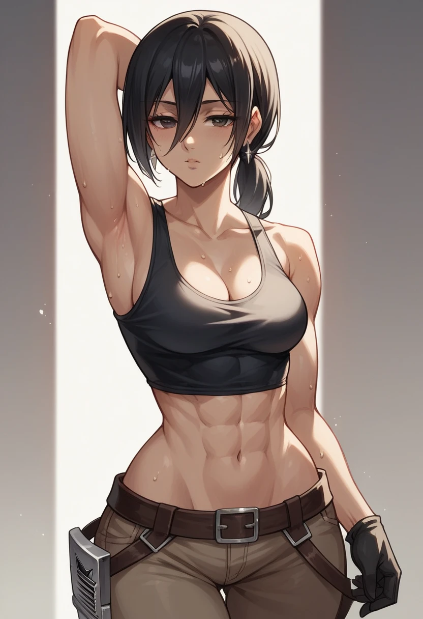 1girl, solo, strong, pretty and gorgeous, hot, medium breasts, slender waist, wide hip, thick thighs, mikasa ackerman, black hair, black eyes, long hair, hair between eyes, looking at viewer, black gloves, cleavage, midriff, triangle earrings, black tanktop, standing, hand behind head, armpits, sweating, half closed eyes, ponytail