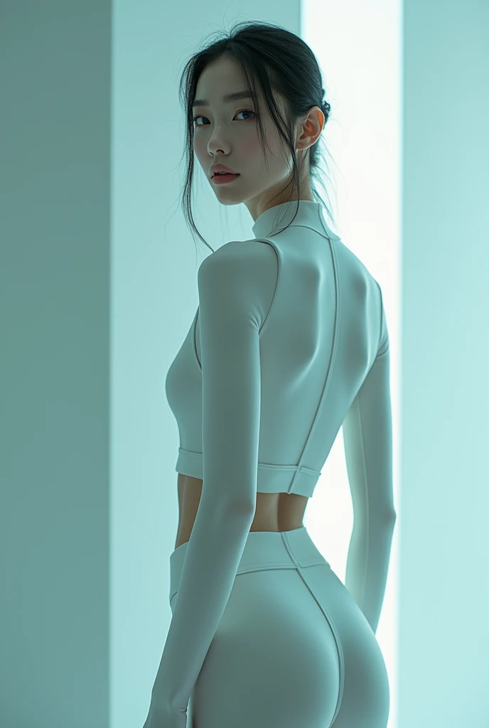 Woman with cool skin with modern style look full body 18k