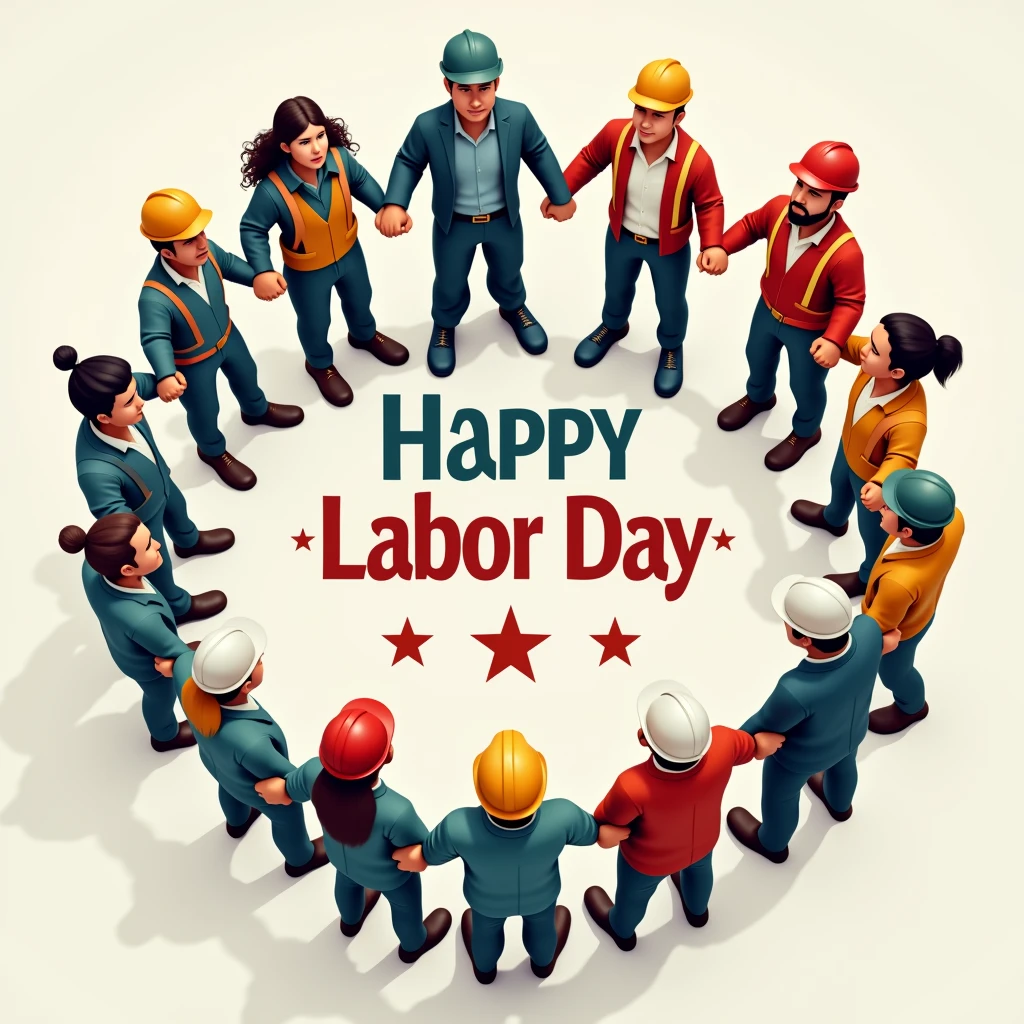 A group of multicultural workers in professional attire and uniforms forming a circle and linking arms, with the words 'United We Stand, Labor Day' in the center, surrounded by icons representing various trades