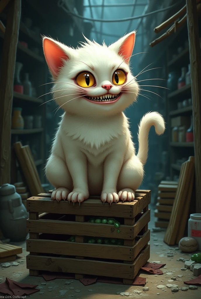  a bad white cat, giggling. 