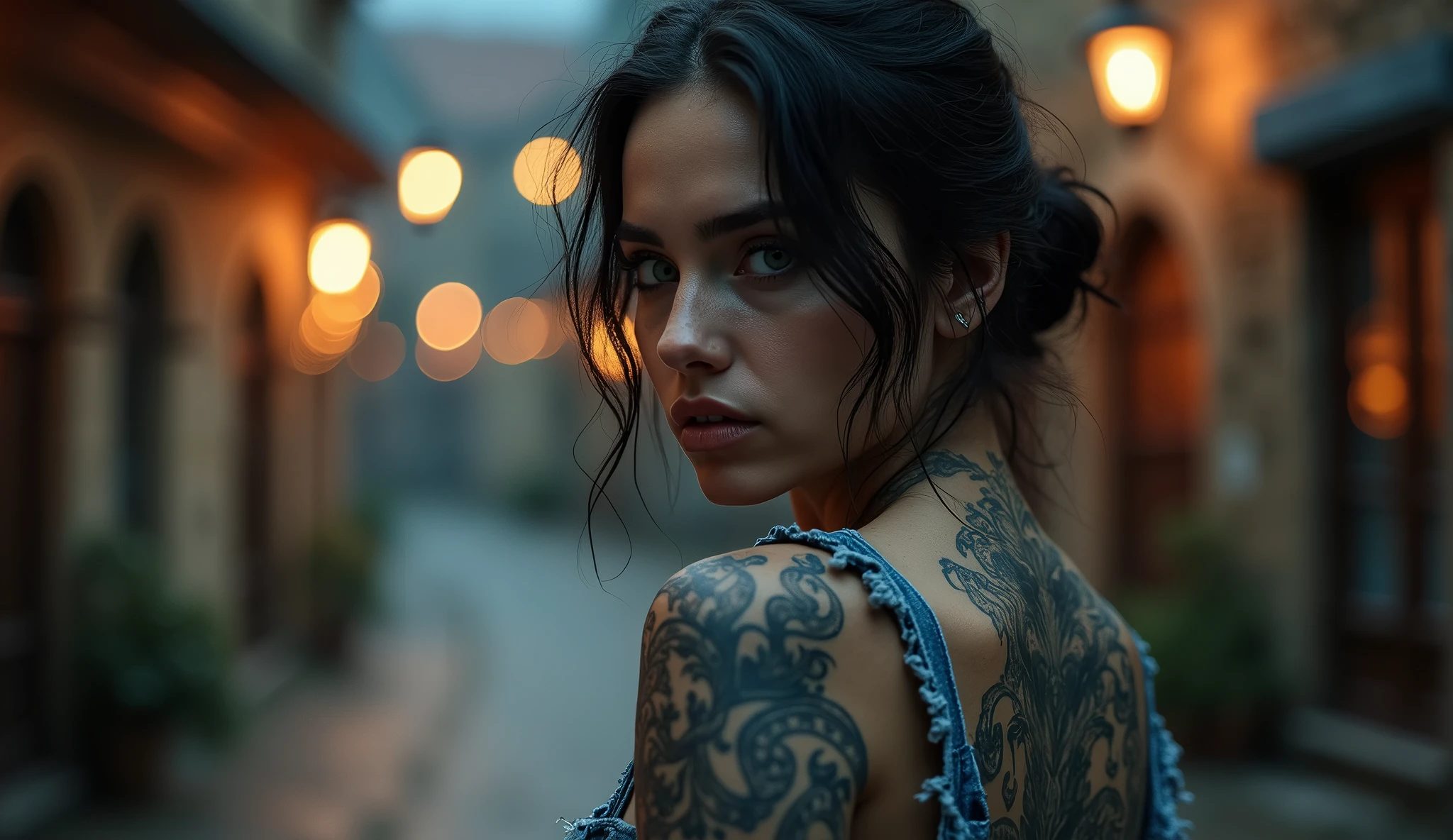 tatuados,Very beautiful big breasts、Angle from below(T-Shirts、Distressed denim)(H-Cup Bust),(Back tattoo、Many tattoos on both arms and neck)、 (Cesky Krumlov（Czech Republic） - Medieval townscape and beautiful river views),Candlelight only,Very detailed, 2, A beautiful woman,Depressed face, Black Hair,Medium Wavy Hair, blue eyes, High resolution, masterpiece, Highest quality, Intricate details, Very detailed, Clear focus, Delicate skin, practical skin texture, texture, Delicate eyes, Professional, 8k, Sad face,despair、 Shot with Canon, 85mm, Shallow and deep, Kodak Vision Color, Exactly, Very detailed, photograph_\(Extremist\), photographpractical, practical, Post-processing, Maximum details, Roughness, Real Life, Extremist practical, Photorealism, photographgraphy, 8k ウルトラ HD, photographgraphy