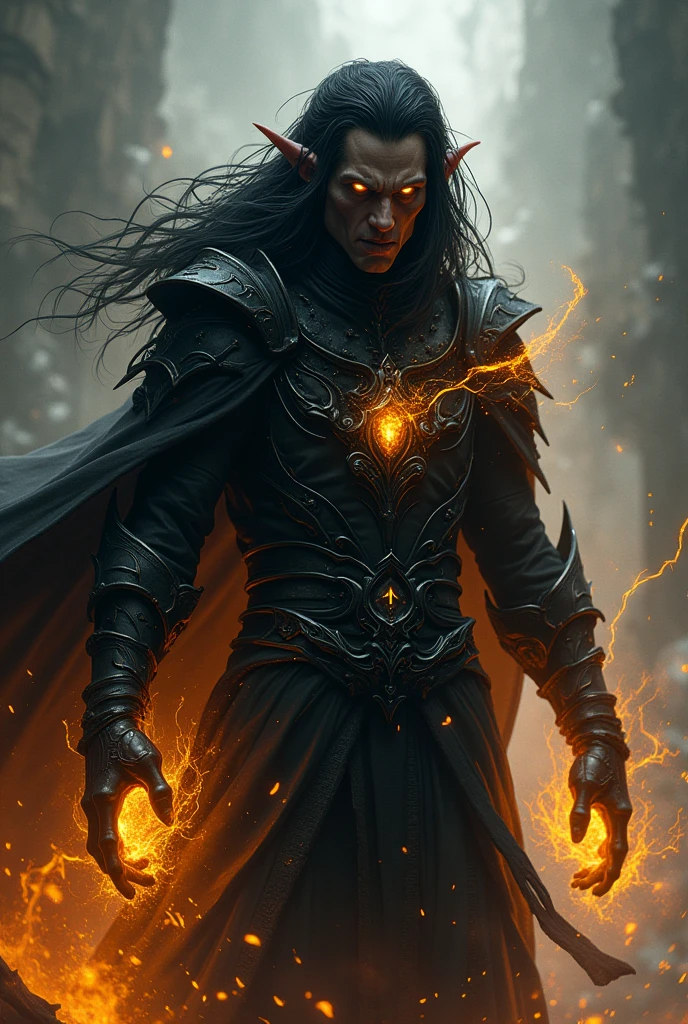 Crazy brown crazy male dark elf with glowing yellow eyes With black wavy hair With black armor With yellow burns and flames all over his body